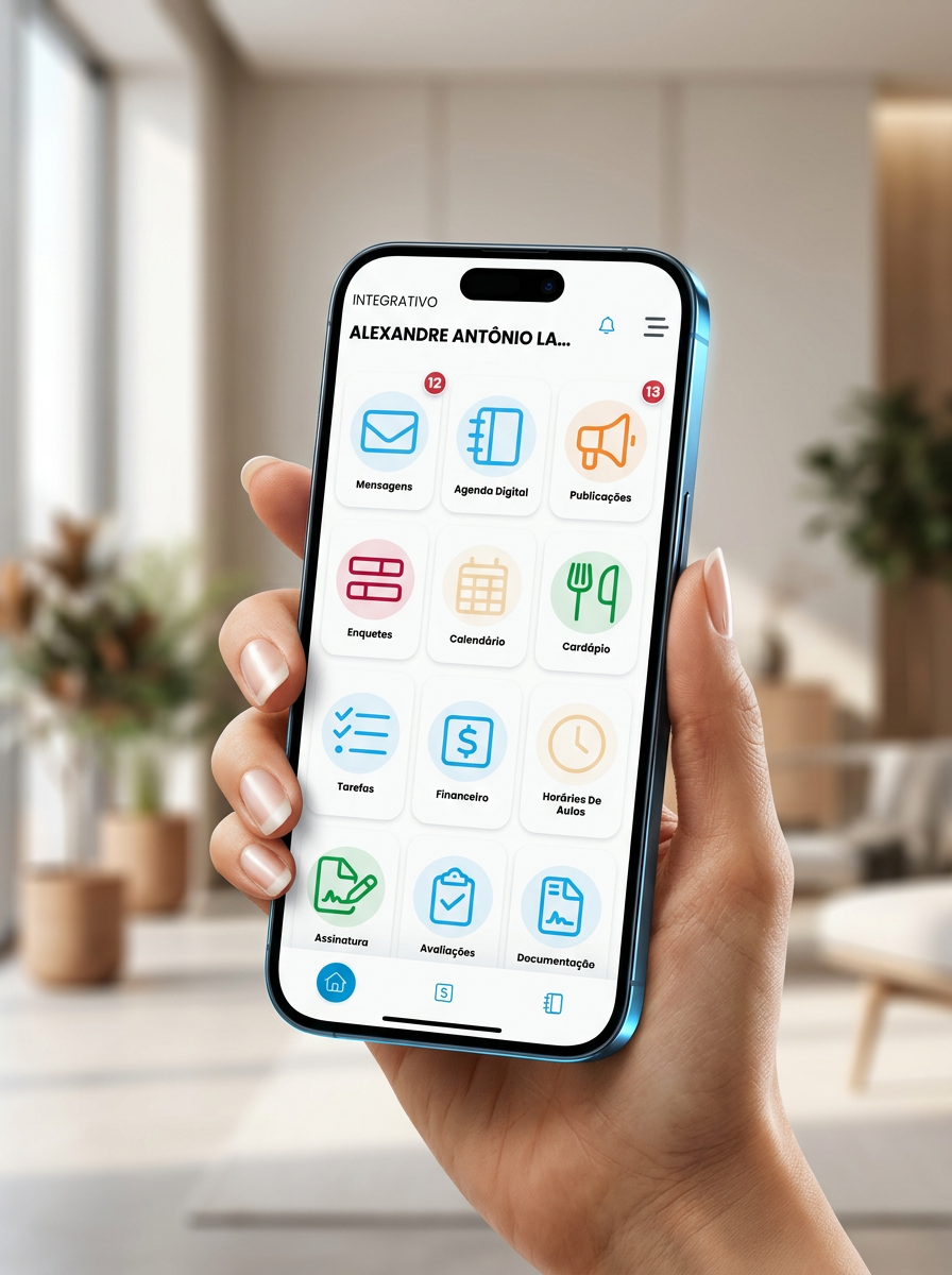 App real do Didatiko sendo usado: mão segurando iPhone com tela do app dos pais e alunos