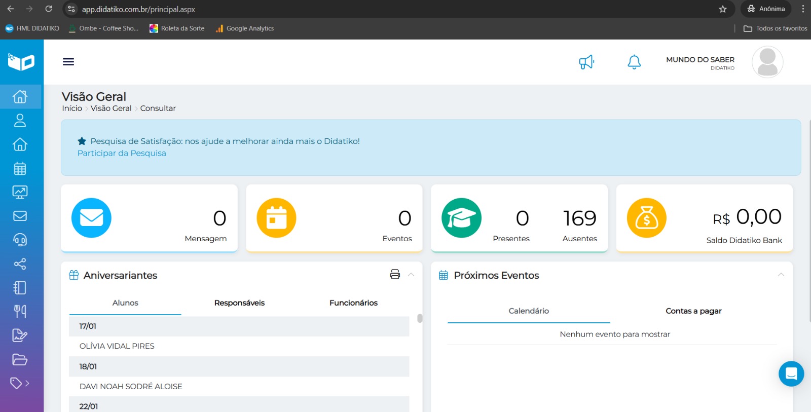 Painel executivo do Didatiko com indicadores de mensagens, eventos, presença e saldo financeiro
